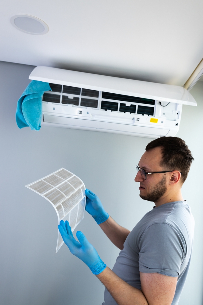 person looking at AC filter
